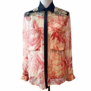 Heidi Merrick Womens Sheer Red Black Botanical Birds Button Up L/S Blouse Top S